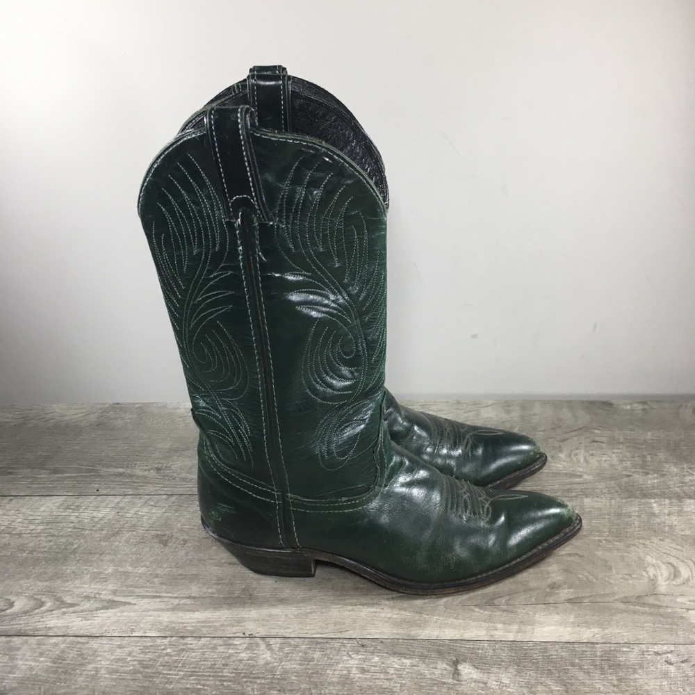 Vintage Code West Western Cowboy Green Leather Pointed Toe Womens Boots Size 7.5